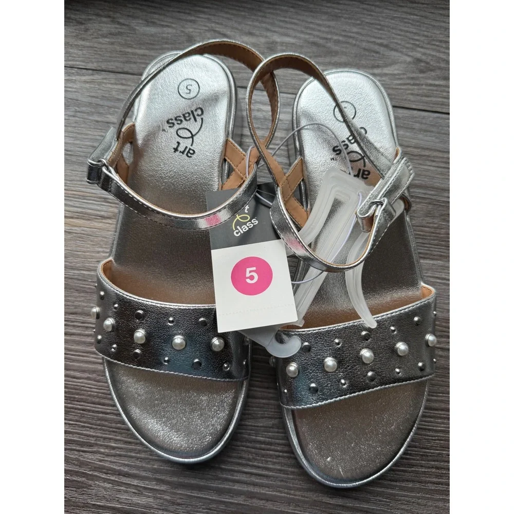 Art Class Girls‎ Silver Metallic Platform Sandals Pearl Studded Wedge Size 5 NEW
